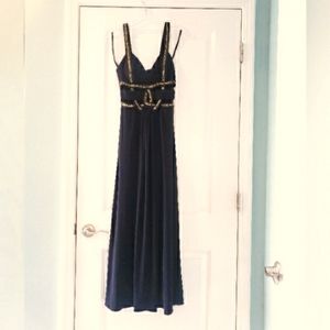 Betsy & Adam Evening Gown/Prom Dress Navy Blue Gold Trim Sz-2